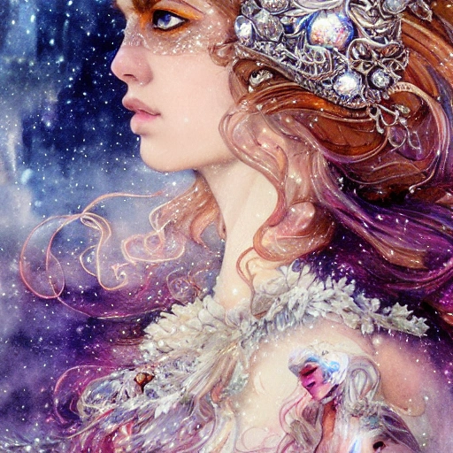 beautiful snow princess in galaxy ship, action, ornate dress, crystals headwear, elegant,  athletic, focus on face, centered head, ultra detailed face,  fantasy, flat light, ultra photo-realistic, intricate, watercolor on paper, masterpiece, insanely detailed, john William warehouse, Charlie Bowater, Agnes Cecile, Mucha, Gabriel Ferrier, composition