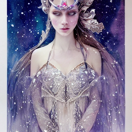 beautiful snow princess in galaxy ship, action, ornate dress, crystals headwear, elegant,  athletic, focus on face, centered head, ultra detailed face,  fantasy, flat light, ultra photo-realistic, intricate, watercolor on paper, masterpiece, insanely detailed, john William warehouse, Charlie Bowater, Agnes Cecile, Mucha, Gabriel Ferrier, composition