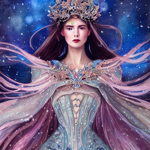 beautiful snow princess in galaxy station, action, ornate dress, crystals headwear, elegant,  athletic, focus on face, centered head, ultra detailed face,  fantasy, flat light, ultra photo-realistic, intricate, watercolor on paper, masterpiece, expert, insanely detailed, 4k resolution, john William warehouse, Charlie Bowater, Agnes Cecile, Mucha, Gabriel Ferrier, composition