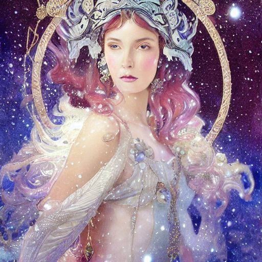 beautiful snow princess in galaxy ship, action, ornate dress, crystals headwear, elegant,  athletic, focus on face, centered head, ultra detailed face,  fantasy, flat light, ultra photo-realistic, intricate, watercolor on paper, masterpiece, insanely detailed, john William warehouse, Charlie Bowater,  Mucha, Gabriel Ferrier, composition