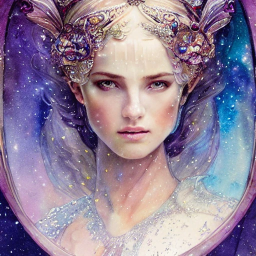 beautiful snow princess in galaxy ship, action, ornate dress, crystals headwear, elegant,  athletic, focus on face, centered head, ultra detailed face,  fantasy, flat light, ultra photo-realistic, intricate, watercolor on paper, masterpiece, insanely detailed, john William warehouse, Charlie Bowater,  Mucha, Gabriel Ferrier, composition