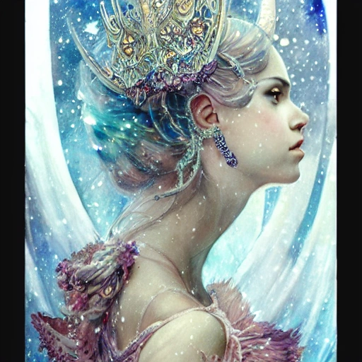 beautiful snow princess in galaxy ship, action, ornate dress, crystals headwear, elegant,  athletic, focus on face, centered head, ultra detailed face,  fantasy, flat light, ultra photo-realistic, intricate, watercolor on paper, masterpiece, insanely detailed, john William warehouse, Charlie Bowater,  Mucha, Gabriel Ferrier, composition