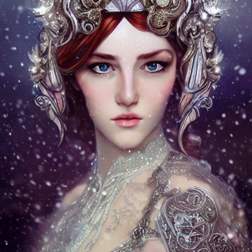 beautiful snow princess in galaxy ship, action, ornate dress, crystals headwear, elegant,  athletic, focus on face, centered head, ultra detailed face,  fantasy, flat light, ultra photo-realistic, intricate, masterpiece, insanely detailed, john William warehouse, Charlie Bowater,  Mucha, Gabriel Ferrier, 