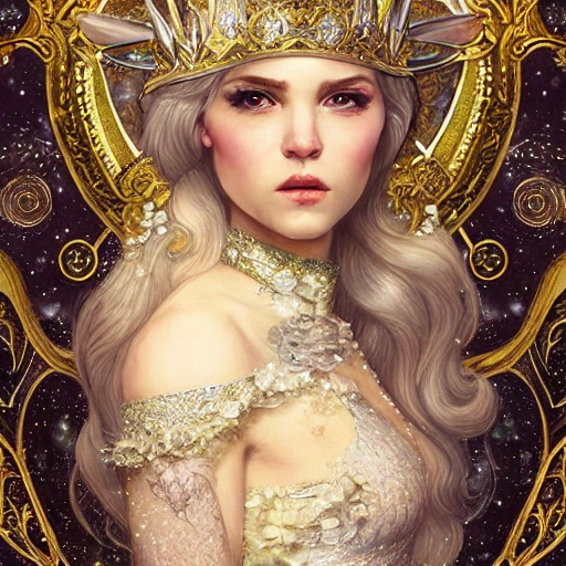 beautiful snow princess in galaxy ship, action, ornate dress, crystals headwear, elegant,  athletic, focus on face, centered head, ultra detailed face,  fantasy, flat light, ultra photo-realistic, intricate, masterpiece, insanely detailed, john William warehouse, Charlie Bowater,  Mucha, Gabriel Ferrier, 