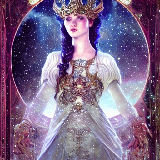 beautiful snow princess in galaxy ship, action, ornate dress, crystals headwear, elegant,  athletic, focus on face, centered head, ultra detailed face,  fantasy, flat light, ultra photo-realistic, intricate, masterpiece, insanely detailed, john William warehouse, Charlie Bowater,  Mucha, Gabriel Ferrier, 