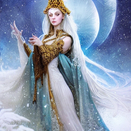 beautiful snow princess in galaxy ship, action, ornate dress, crystals headwear, elegant,  athletic, focus on face, centered head, ultra detailed face,  fantasy, flat light, ultra photo-realistic, intricate, masterpiece, insanely detailed, john William warehouse, Charlie Bowater,  Mucha, Gabriel Ferrier, 