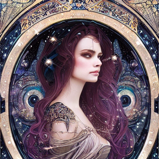 beautiful space princess, stars, action, ornate dress, crystals headwear, elegant, luxury trenchcoat, focus on face, centered head, ultra detailed face,  fantasy, flat light, ultra photo-realistic, intricate, masterpiece, insanely detailed, john William warehouse, Charlie Bowater,  Mucha, Gabriel Ferrier, 