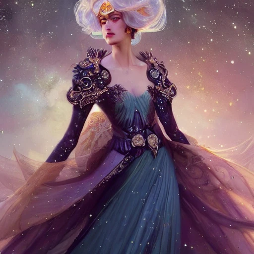 beautiful space princess, stars, action, ornate dress, crystals headwear, elegant, luxury trenchcoat, focus on face, centered head, ultra detailed face,  fantasy, flat light, ultra photo-realistic, intricate, masterpiece, insanely detailed, john William warehouse, Charlie Bowater,  Mucha, Gabriel Ferrier, 