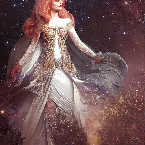 beautiful space princess, stars, action, ornate dress, crystals headwear, elegant, luxury trenchcoat, focus on face, centered head, ultra detailed face,  fantasy, flat light, ultra photo-realistic, intricate, masterpiece, insanely detailed, john William warehouse, Charlie Bowater,  Mucha, Gabriel Ferrier, 