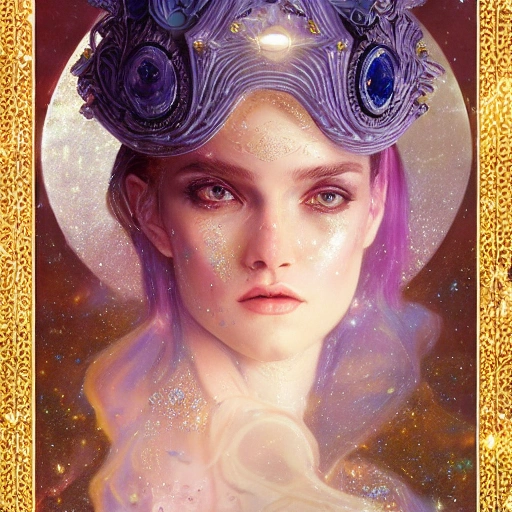 beautiful space princess, stars, action, ornate dress, crystals headwear, elegant, luxury trenchcoat, focus on face, centered head, ultra detailed face,  fantasy, flat light, ultra photo-realistic, intricate, masterpiece, insanely detailed, john William warehouse, Charlie Bowater,  Mucha, Gabriel Ferrier, 