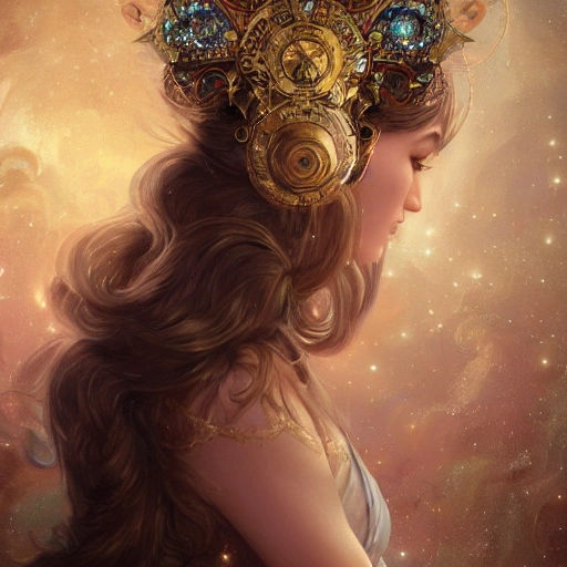 beautiful space princess, stars, action, ornate dress, crystals headwear, elegant, luxury trenchcoat, focus on face, centered head, ultra detailed face,  fantasy, flat light, ultra photo-realistic, intricate, masterpiece, insanely detailed, john William warehouse, Charlie Bowater,  Mucha, Gabriel Ferrier, 