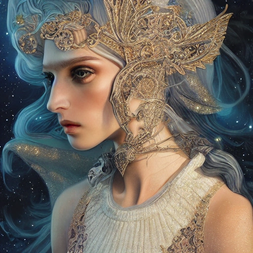 beautiful space princess, stars, action, ornate dress, crystals headwear, elegant, luxury trenchcoat, focus on face, centered head, ultra detailed face,  fantasy, flat light, ultra photo-realistic, intricate, masterpiece, insanely detailed, john William warehouse, Charlie Bowater,  Gabriel Ferrier, 