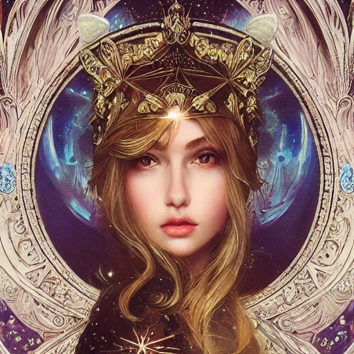 beautiful space princess, stars, action, ornate dress, crystals headwear, elegant, luxury trenchcoat, focus on face, centered head, ultra detailed face,  fantasy, flat light, ultra photo-realistic, intricate, masterpiece, insanely detailed, john William warehouse, Charlie Bowater,  Mucha, Gabriel Ferrier, 