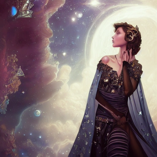 beautiful space princess, stars, action, ornate dress, crystals headwear, elegant, luxury trenchcoat, focus on face, centered head, ultra detailed face,  fantasy, flat light, ultra photo-realistic, intricate, masterpiece, insanely detailed, john William warehouse, Charlie Bowater,  Gabriel Ferrier, 