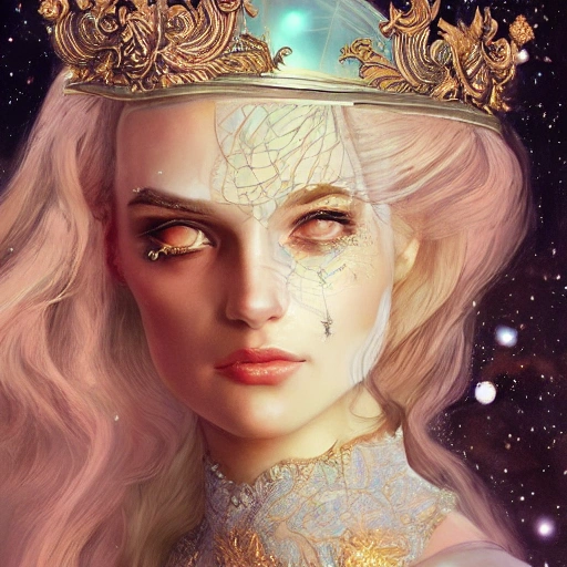 beautiful space princess, stars, action, ornate dress, crystals headwear, elegant, luxury trenchcoat, focus on face, centered head, ultra detailed face,  fantasy, flat light, ultra photo-realistic, intricate, masterpiece, insanely detailed, john William warehouse, Charlie Bowater,  Gabriel Ferrier, 