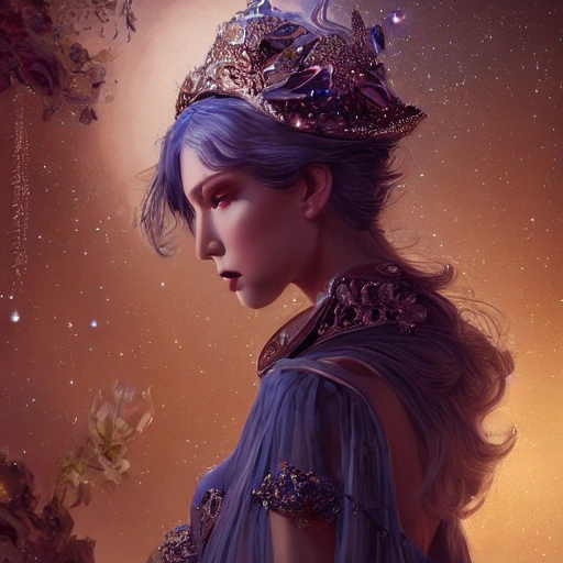 beautiful space princess, stars, action, ornate dress, crystals headwear, elegant, luxury trenchcoat, focus on face, centered head, ultra detailed face,  fantasy, flat light, ultra photo-realistic, intricate, masterpiece, insanely detailed, Ruan Jia, john William warehouse, Charlie Bowater, 