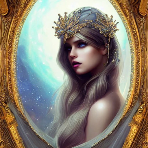 beautiful space princess, stars, action, ornate dress, crystals headwear, elegant, luxury trenchcoat, focus on face, centered head, ultra detailed face,  fantasy, flat light, ultra photo-realistic, intricate, masterpiece, insanely detailed, john William warehouse, Charlie Bowater,  Gabriel Ferrier, 