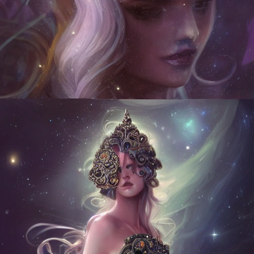 beautiful space princess, stars, action, ornate dress, crystals headwear, elegant, luxury trenchcoat, focus on face, centered head, ultra detailed face,  fantasy, flat light, ultra photo-realistic, intricate, masterpiece, insanely detailed, john William warehouse, Charlie Bowater,  Gabriel Ferrier, 