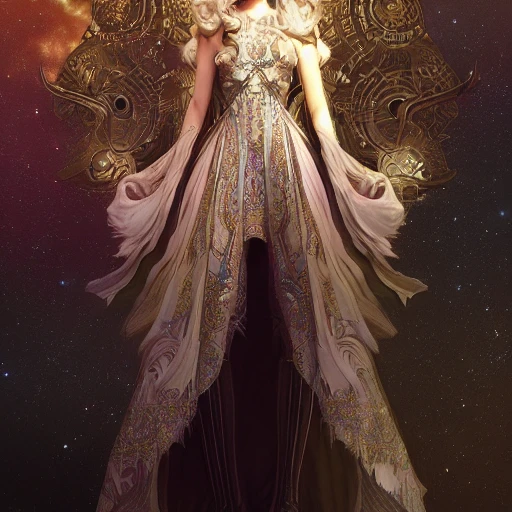 beautiful space princess, stars, action, ornate dress, crystals headwear, elegant, luxury trenchcoat, focus on face, centered head, ultra detailed face,  fantasy, flat light, ultra photo-realistic, intricate, masterpiece, insanely detailed, john William warehouse, Charlie Bowater,  Gabriel Ferrier, 