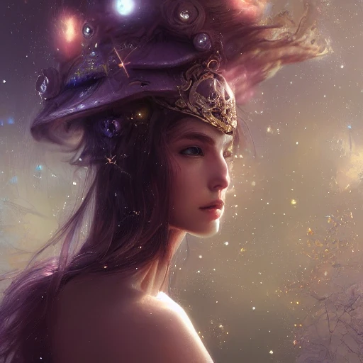 beautiful space princess, stars, action,  crystals headwear, elegant, luxury trenchcoat, focus on face, centered head, ultra detailed face,  fantasy, flat light, ultra photo-realistic, intricate, masterpiece, insanely detailed, Ruan Jia, john William warehouse, Charlie Bowater, 