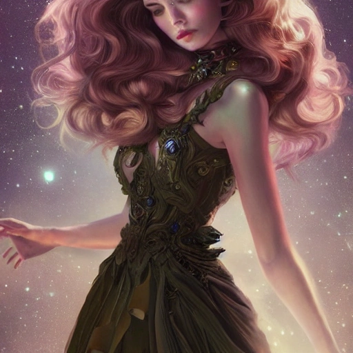 beautiful space princess, stars, action, ornate dress, crystals headwear, elegant, luxury trenchcoat, centered head, focus on face,  ultra detailed face,  fantasy, flat light, ultra photo-realistic, intricate, masterpiece, insanely detailed, john William warehouse, Charlie Bowater,  Gabriel Ferrier, 