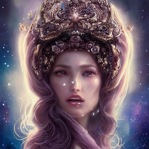 beautiful space princess, stars, action, ornate dress, crystals headwear, elegant, luxury trenchcoat, centered head, focus on face,  ultra detailed face,  fantasy, flat light, ultra photo-realistic, intricate, masterpiece, insanely detailed, john William warehouse, Charlie Bowater,  Gabriel Ferrier, 