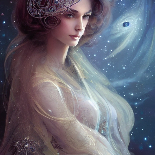 beautiful space princess, stars, action, ornate dress, crystals headwear, elegant, luxury trenchcoat, centered head, focus on face,  ultra detailed face,  fantasy, flat light, ultra photo-realistic, intricate, masterpiece, insanely detailed, john William warehouse, Charlie Bowater,  Gabriel Ferrier, 