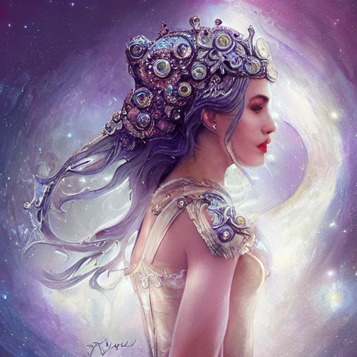 beautiful space princess, stars, action, ornate dress, crystals headwear, elegant, luxury trenchcoat, centered head, focus on face,  ultra detailed face,  fantasy, flat light, ultra photo-realistic, intricate, masterpiece, insanely detailed, john William warehouse, Charlie Bowater,  Gabriel Ferrier, 