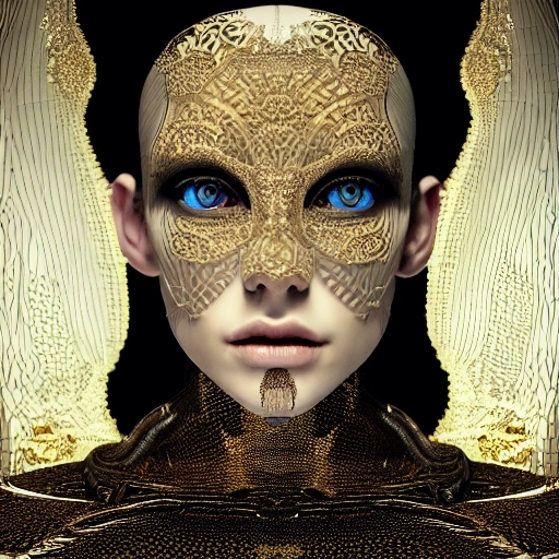 mdjrny-v4 style, symmetric, intricate, centred 3d render ultra detailed of a beautiful porcelain and gold profile portrait woman, 150 mm, beautiful studio soft light, rim light, vibrant details, luxurious antic, hyperrealistic, anatomical, facial muscles, blade runner atmosphere , elegant, octane render, H. R. Giger style, 8k