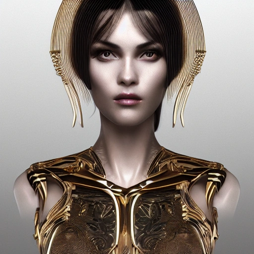 mdjrny-v4 style, symmetric, intricate, centred 3d render ultra detailed of a beautiful porcelain and gold profile portrait woman, 150 mm, beautiful studio soft light, rim light, vibrant details, luxurious antic, hyperrealistic, anatomical, facial muscles, blade runner atmosphere , elegant, octane render, H. R. Giger style, 8k