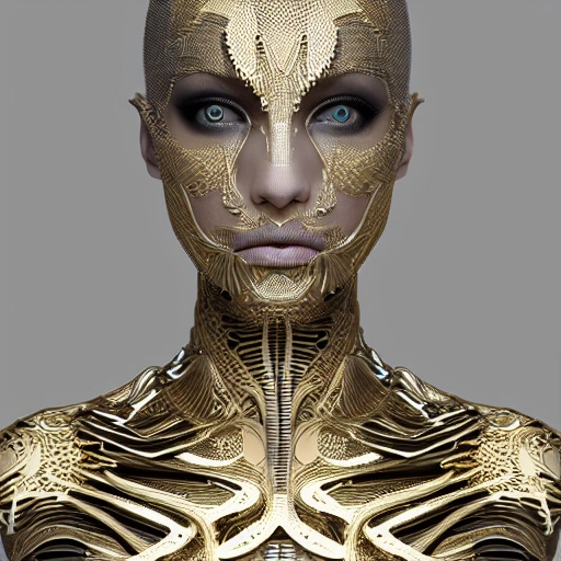 mdjrny-v4 style, symmetric, intricate, centred 3d render ultra detailed of a beautiful porcelain and gold profile portrait woman, 150 mm, beautiful studio soft light, rim light, vibrant details, luxurious antic, hyperrealistic, anatomical, facial muscles, blade runner atmosphere , elegant, octane render, H. R. Giger style, 8k