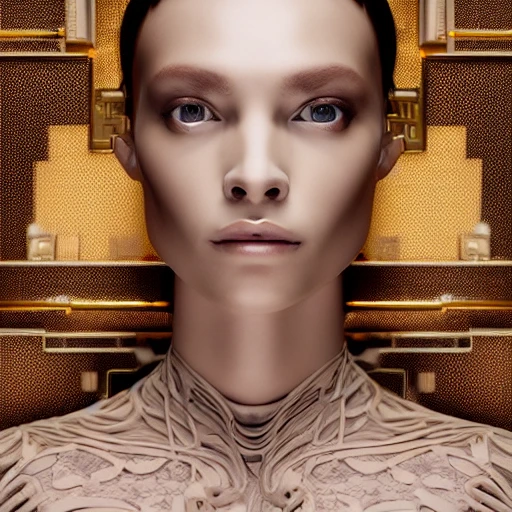 mdjrny-v4 style, symmetric, intricate, centred 3d render ultra detailed of a beautiful porcelain and gold profile portrait woman, 150 mm, beautiful studio soft light, rim light, vibrant details, luxurious antic, hyperrealistic, anatomical, facial muscles, blade runner atmosphere , elegant, octane render, H. R. Giger style, 8k