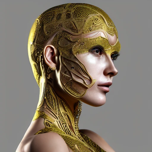 mdjrny-v4 style, symmetric, intricate, centred 3d render ultra detailed of a beautiful porcelain and gold profile portrait woman, 150 mm, beautiful studio soft light, rim light, vibrant details, luxurious antic, hyperrealistic, anatomical, facial muscles, blade runner atmosphere , elegant, octane render, H. R. Giger style, 8k