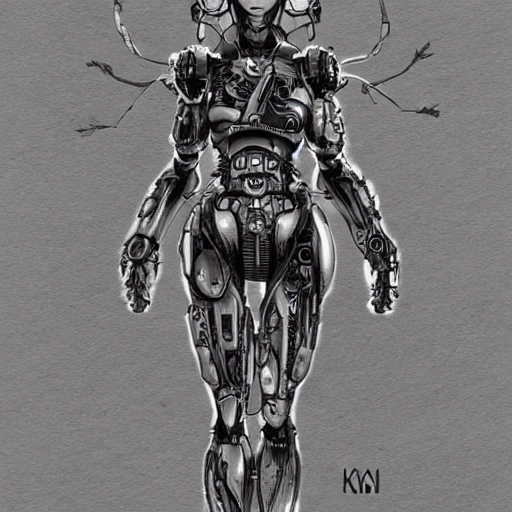 full body illustration female cyborg, highly detailed, sumi - e art, suiboku - ga ink, by kim jisu, pen and ink monochrome, mecha, deviantart, artstation, pinterest 