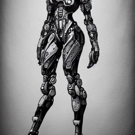 full body illustration female cyborg, highly detailed, sumi - e art, suiboku - ga ink, by kim jisu, pen and ink monochrome, mecha, deviantart, artstation, pinterest 