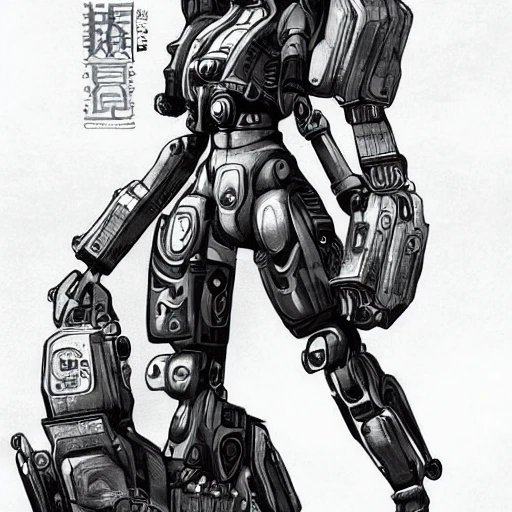 full body illustration female cyborg, highly detailed, sumi - e art, suiboku - ga ink, by kim jisu, pen and ink monochrome, mecha, deviantart, artstation, pinterest 