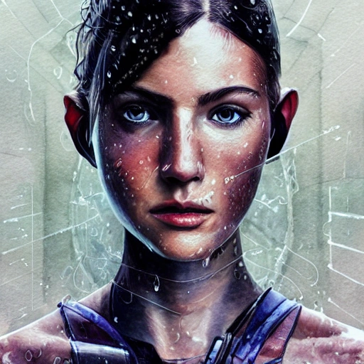  sci-fi character portrait, athletic, fit, focus on face, style, rain, flat light, ultra photo-realistic, intricate, watercolor on paper, masterpiece, expert, insanely detailed, 4k resolution,, composition, framing