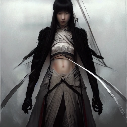 lonely ronin + with white hair + cinematic + symmetrical + atmosferic lighting + painting by Charlie Bowater + painting by craig mullins + one figure + Ayami Kojima