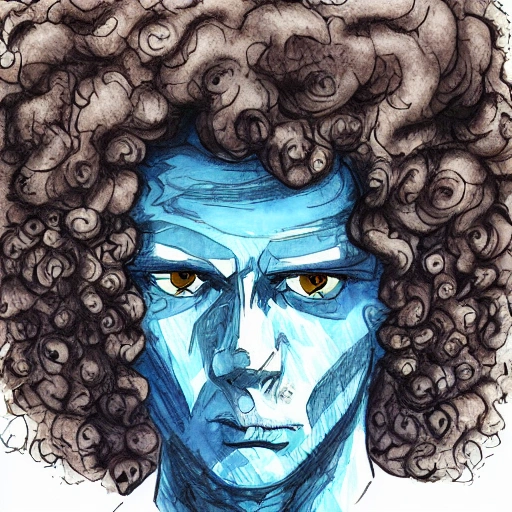 character, man, curly hair, blue eyes, brave, strong,  gloomy, apocalypse, 3D, Trippy, Water Color