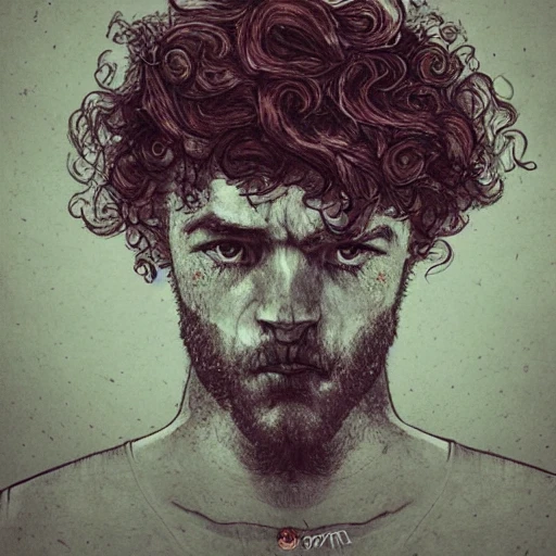 character, in full growth, man, curly hair, brave, strong, gloomy, apocalypse, 3D, Trippy, Water Color