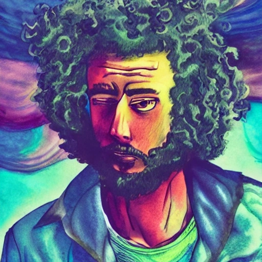 character, in full growth, man with curly hair, brave, strong, gloomy, apocalypse, 3D, Trippy, Water Color