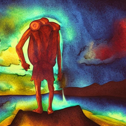 character, in full height, man, brave, strong, gloomy, apocalypse, 3D, Trippy, Water Color