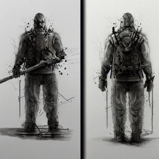 character, in full height, man, brave, strong, gloomy, apocalypse, well detailed, 3D, Water Color, Pencil Sketch