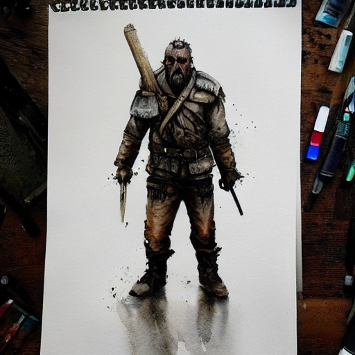 character, in full height, man, brave, strong, gloomy, apocalypse, well detailed, Water Color