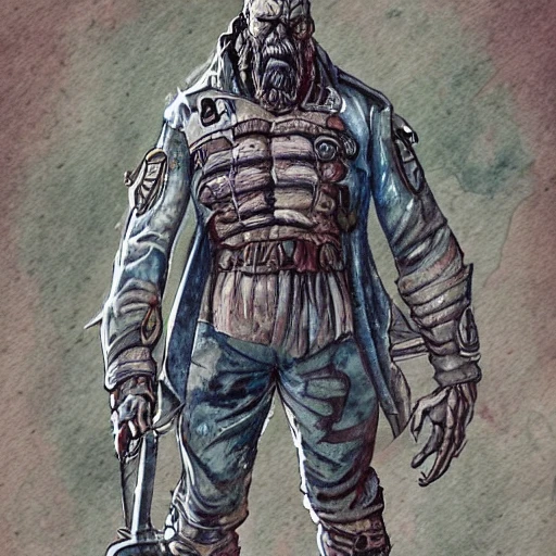 character, in full height, man, brave, strong, gloomy, person, apocalypse, well detailed, Trippy, Water Color