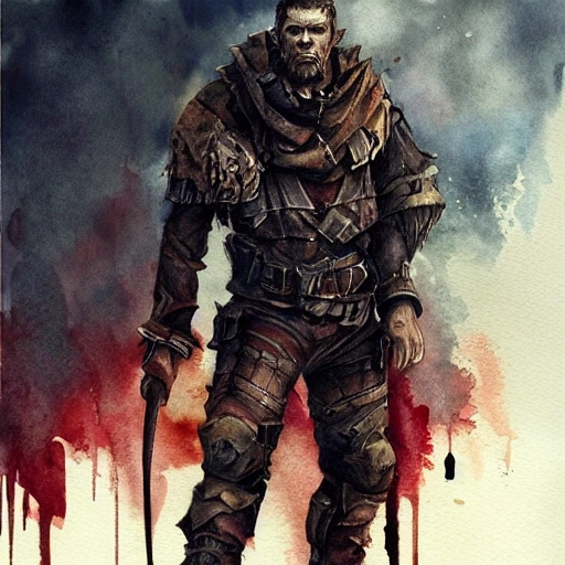 character, in full height, man, brave, strong, gloomy, person, apocalypse, well detailed, realistic, Water Color