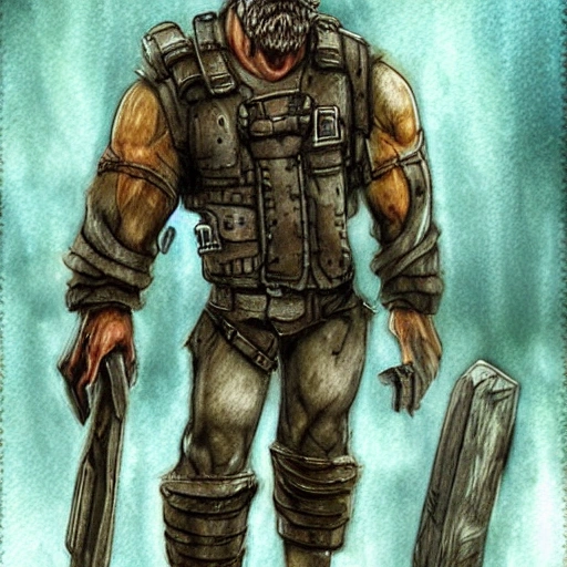 character, in full height, man, brave, strong, gloomy, person, apocalypse, well detailed, realistic, Water Color, Cartoon