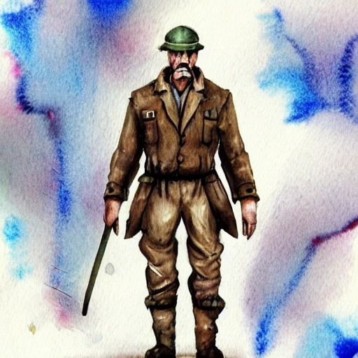 character, in full height, man, brave, strong, gloomy, person, well detailed, realistic, Water Color, Cartoon