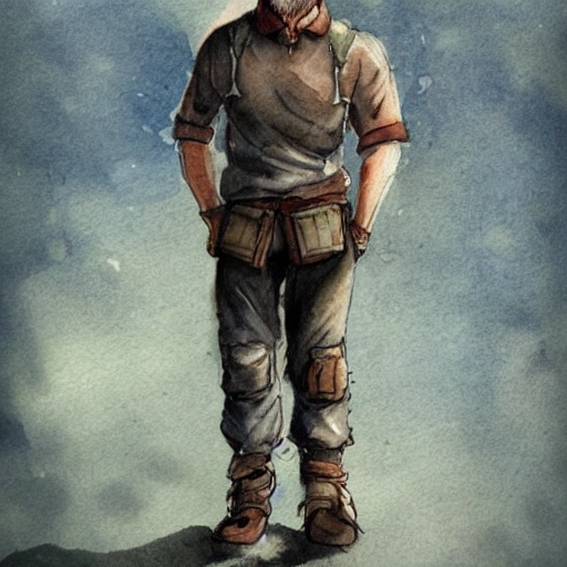 character, in full height, man, brave, strong, gloomy, person, well detailed, realistic, Water Color, Cartoon