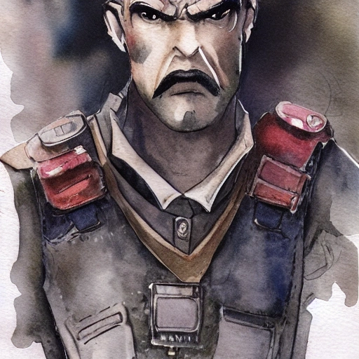 character, in full height, man, brave, strong, gloomy, person, well detailed, realistic, Water Color, Cartoon